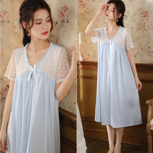 Sweet Lace Short Sleeve Night Dress Women Summer Cotton Embroidered Nightdress