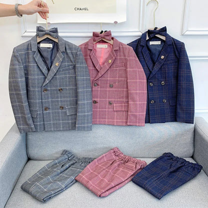 Flower Boys Formal Dress Suit Set Autumn Children Plaid Double Breasted Blazer