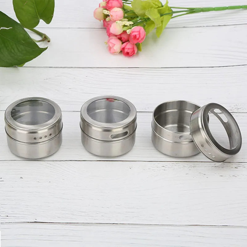 6pcs/Set Magnetic Spice Tin Jar With Rack Stainless Steel Spice Sauce Storage