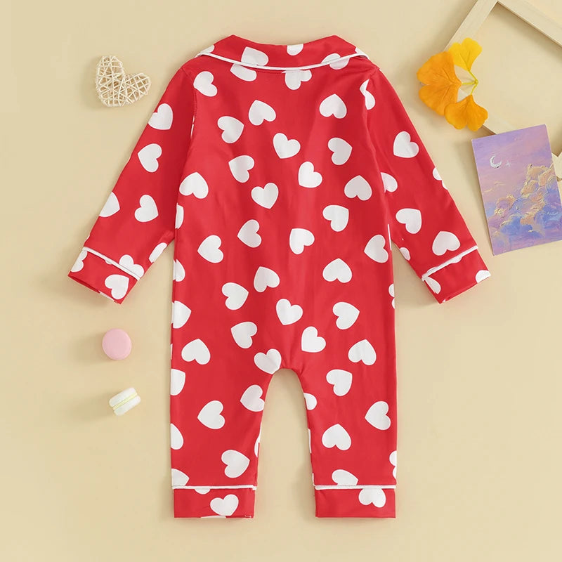 0-24m Baby Pajamas Jumpsuits Heart Print Lapel Button Up Girls Sleepwear