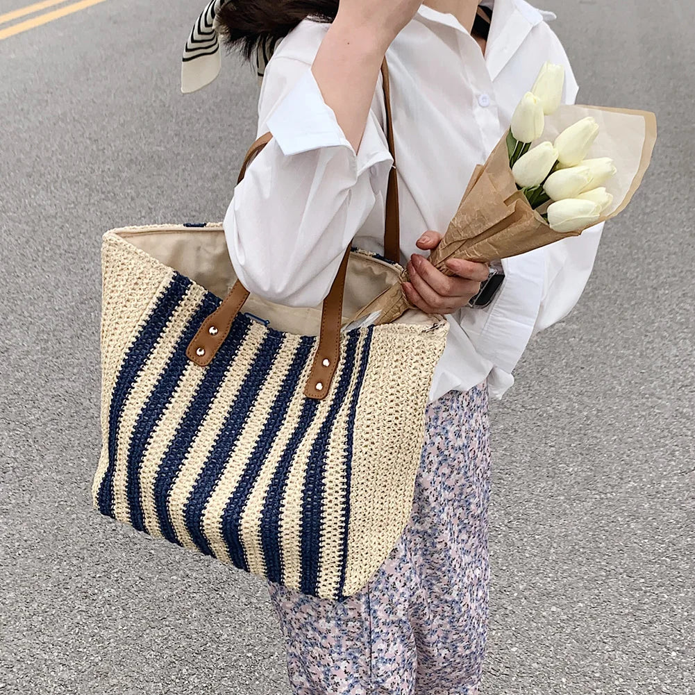 Summer Straw Woven Top-Handle Handbags Casual Large Capacity Women