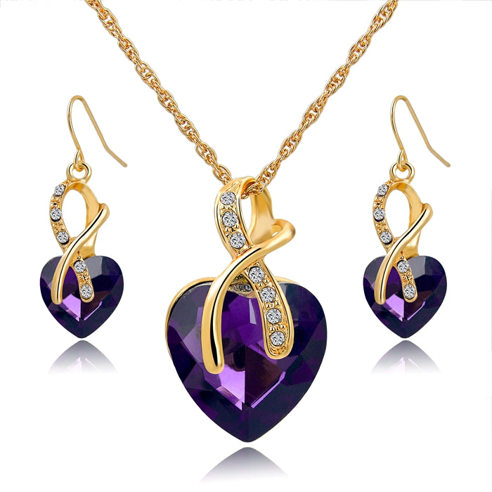 Longway Austrian Crystal Necklace Earrings Set Gold Color Heart Crystal Jewelry