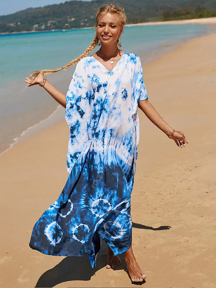 2023 Multicolored Kaftan Bohemian Printed V-Neck Batwing