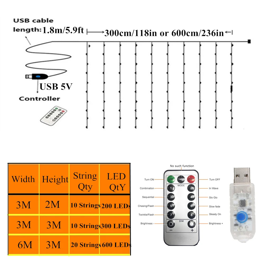 6m/3m LED Curtain Garland 8 Modes USB Remote Control  New Year 2025