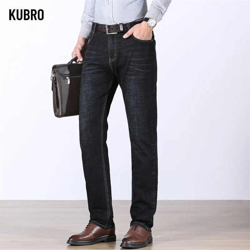 KUBRO Spring Jeans Men Cotton Business Casual Straight Stretch Denim Trouser