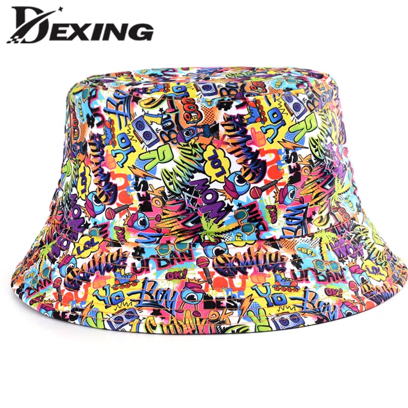 Spring Summer Cartoons Graffiti  Bucket Hat for Women Men Outdoor Foldable Hat