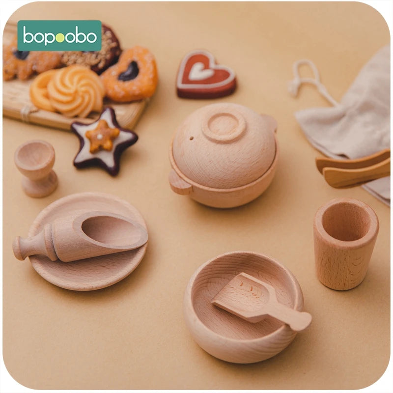 Bopoobo Wooden Montessori Cutlery Pretend Play Tea Set Wooden Educational toy