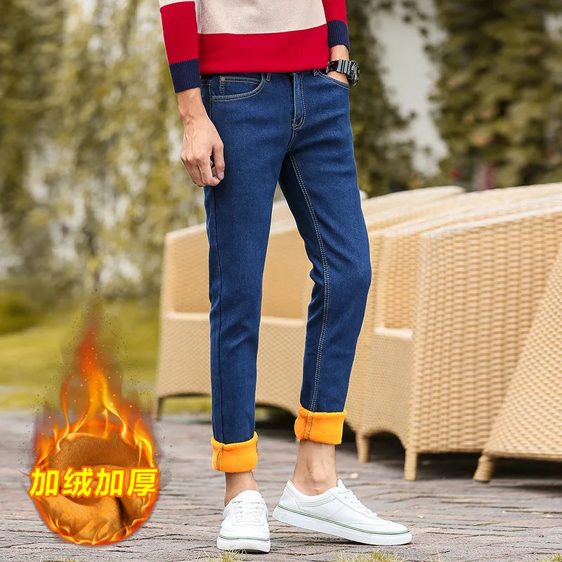 Winter Jeans Men Blue Color Slim Fit Stretch Thick Velvet Pants Warm