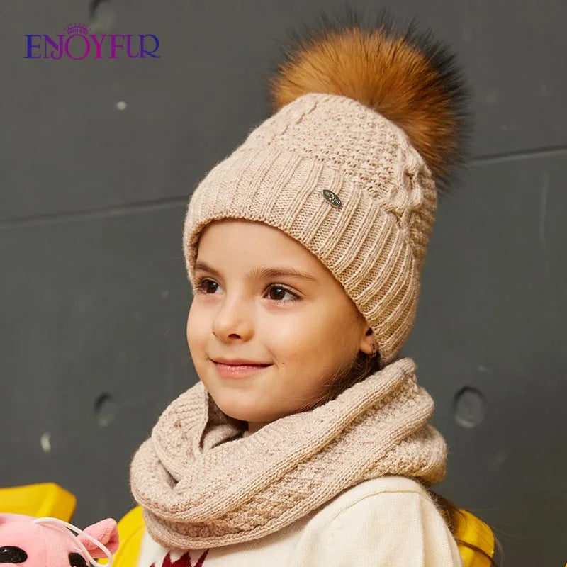 ENJOYFUR Winter Hat and Scarf Set for Girls High Quality Cotton Knitted Soft