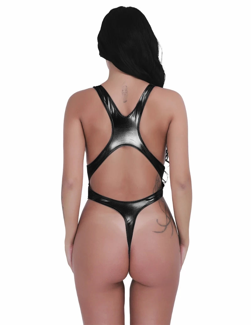 Custom Womens Sexy Leather One-Piece Thongs Leotard Bodysuit String Swimsuit