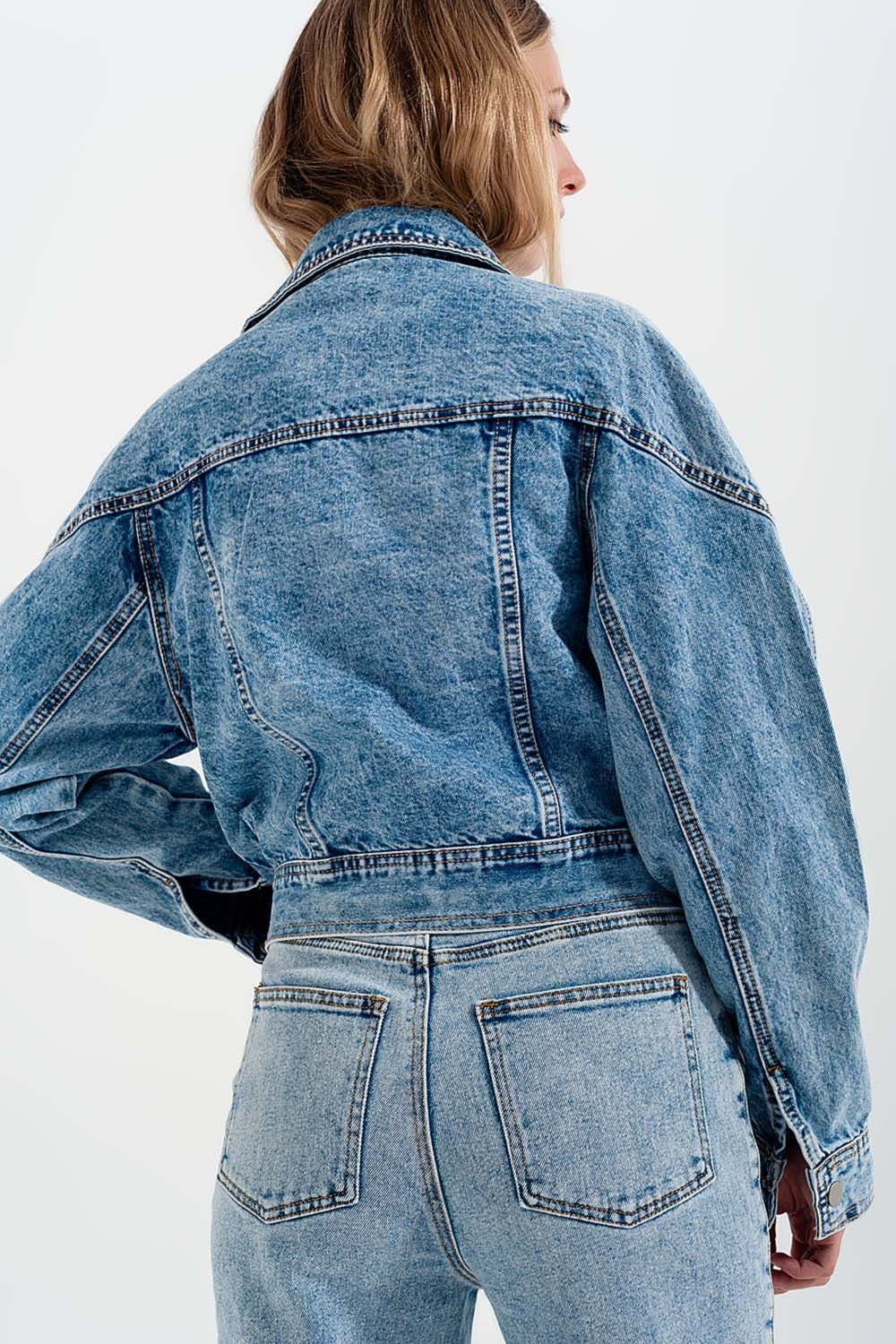 Asymmetric Biker Jacket in Light Wash Blue