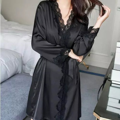 1620 Women's Satin Silk Woman Lace Robe Female Lace Bathrobe Womens Robes