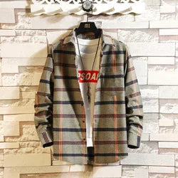 Casual Plaid Shirt Vintage Spliced Mens Shirts Turn-Down Collar Long Sleeve