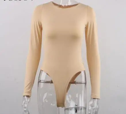 O Neck Long Sleeve Solid White Sexy Bodysuit Women