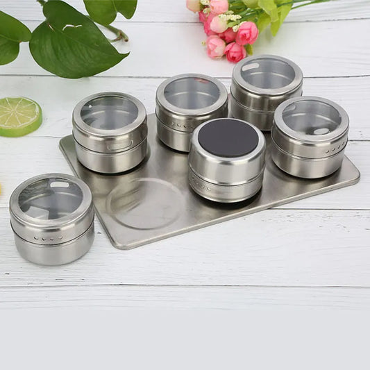 6pcs/Set Magnetic Spice Tin Jar With Rack Stainless Steel Spice Sauce Storage