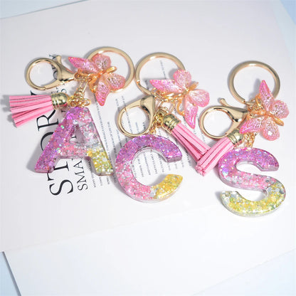 Cute Resin A-Z Initials Letter Keychain Pink Sparkle Butterfly Tassel Pendant