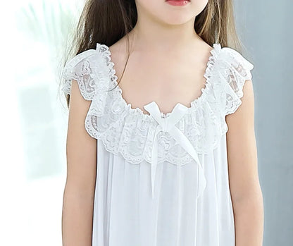 Summer Children's Girls Dress Sleepwear White Lace Cotton Princess Vintage