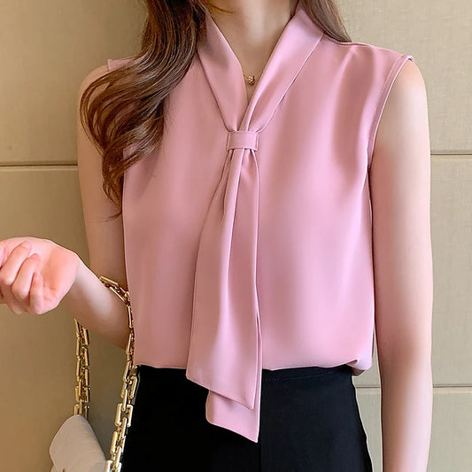 Women's Shirt Pink Ribbon Blouses for Women Sleeveless Summer Shirts Female