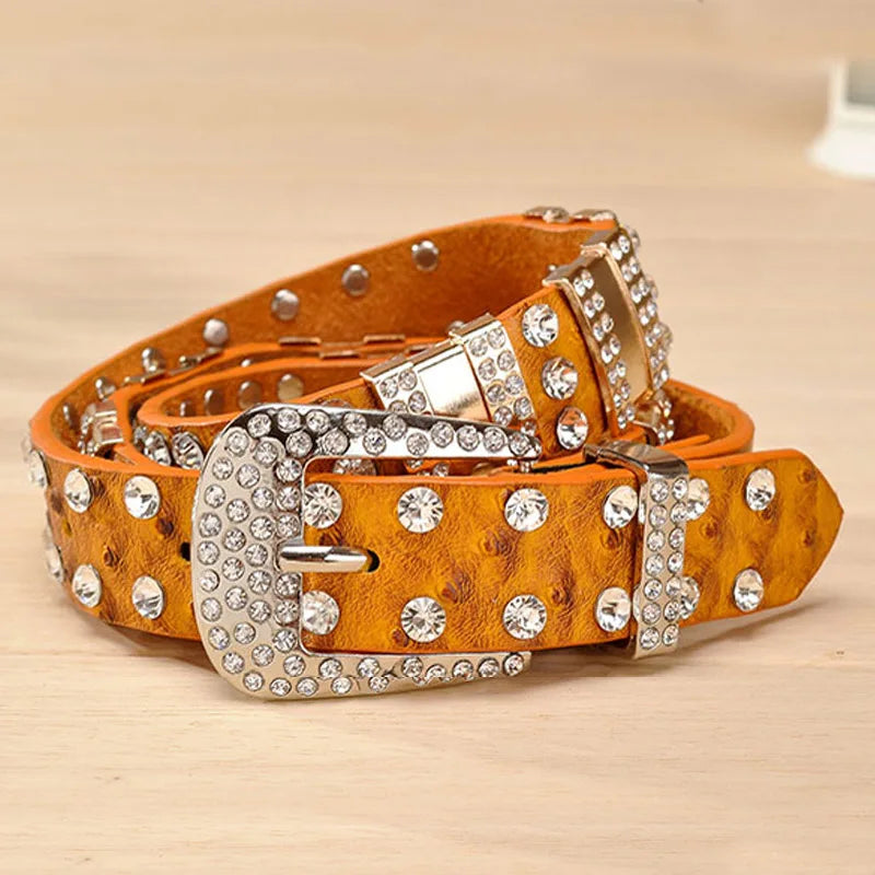 New Fashion Rhinestone Belts for Women Luxury Designer PU Leather Belt