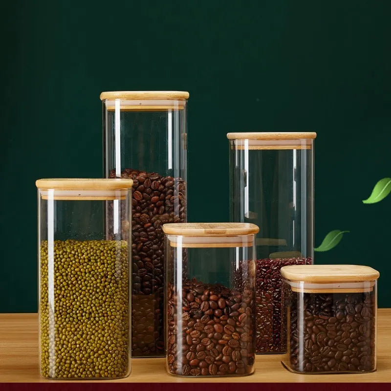 Square Glass Storage Jars With Bamboo Lid for Coffee Beans Grains Food Storage