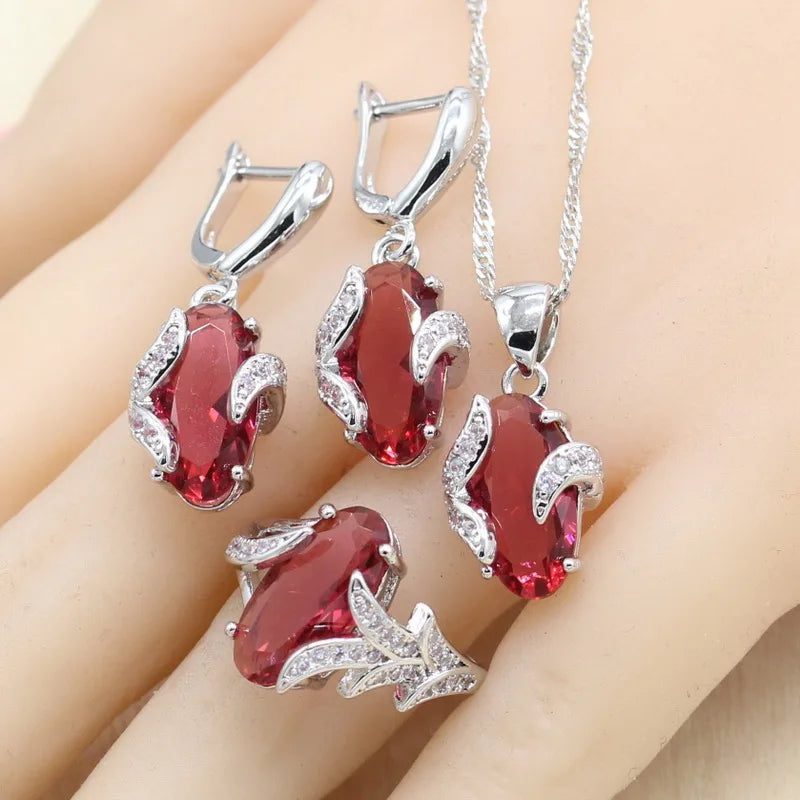 Silver Color Jewelry Sets for Women Red Stones Necklace Pendant Earrings Ring