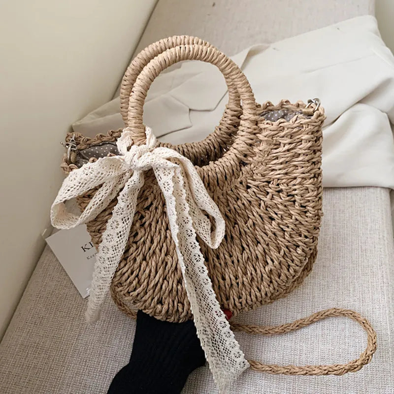 DikizFly Rattan Woven Straw Bag Women Weaving Summer Beach Bags Handmade Half