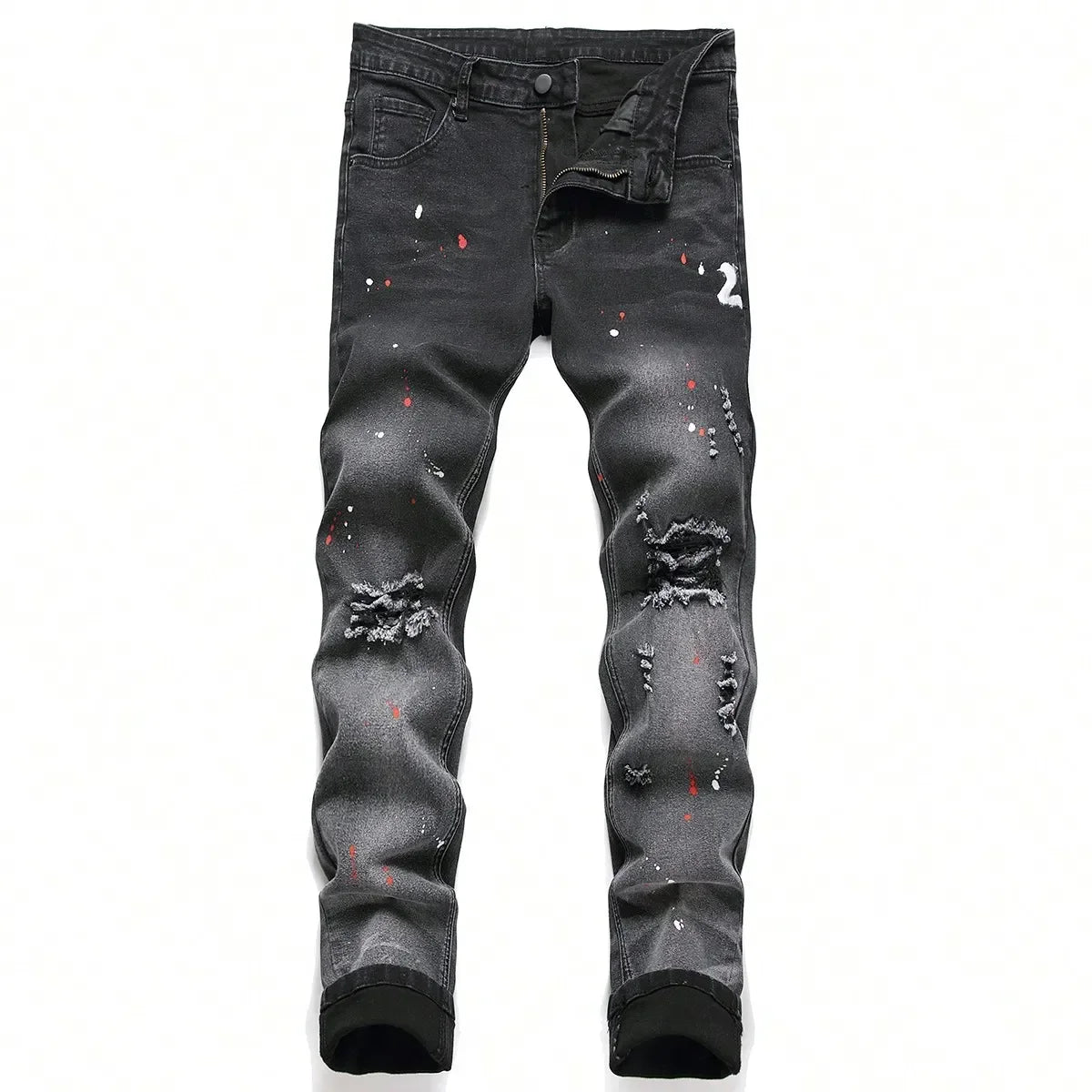 Men Black Skinny Denim Spot Jeans Male Ripped Stretch Fit Jeans Men Slim