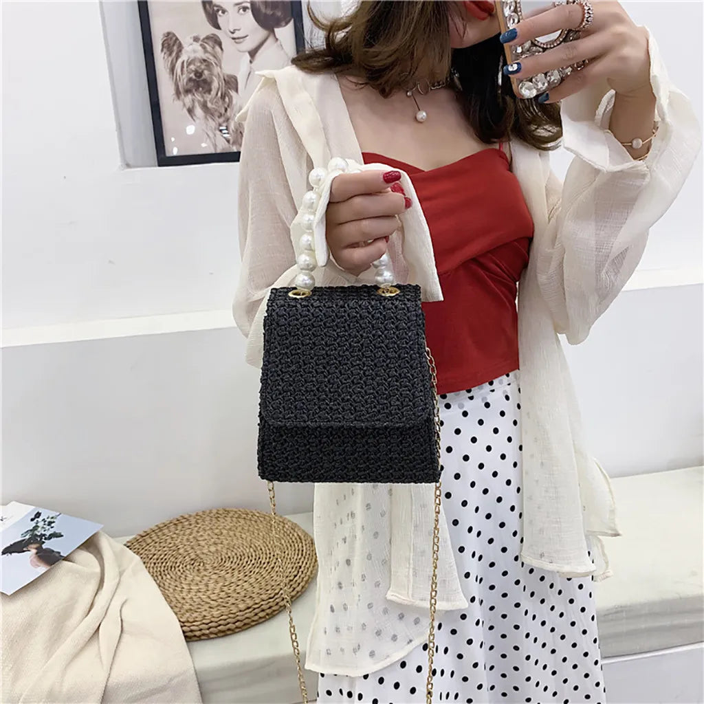 Summer Beach Straw Bag Crossbody Bags for Women 2022 Pearl Woven Rattan Women