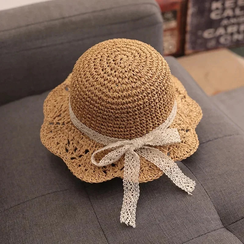 Fashion Lace Baby Hat Summer Straw Bow Baby Girl Cap Beach Children