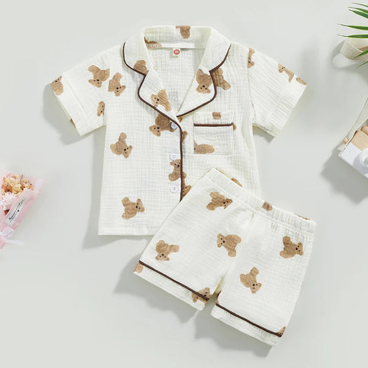 Newborn Baby Sleepwear Pajama Loungewear Boys Girls Cartoon Bear Print Short