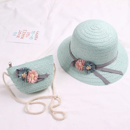 Summer Baby Flower Breathable Hat Straw Hat With Handbag Bags Kids Hat Girls