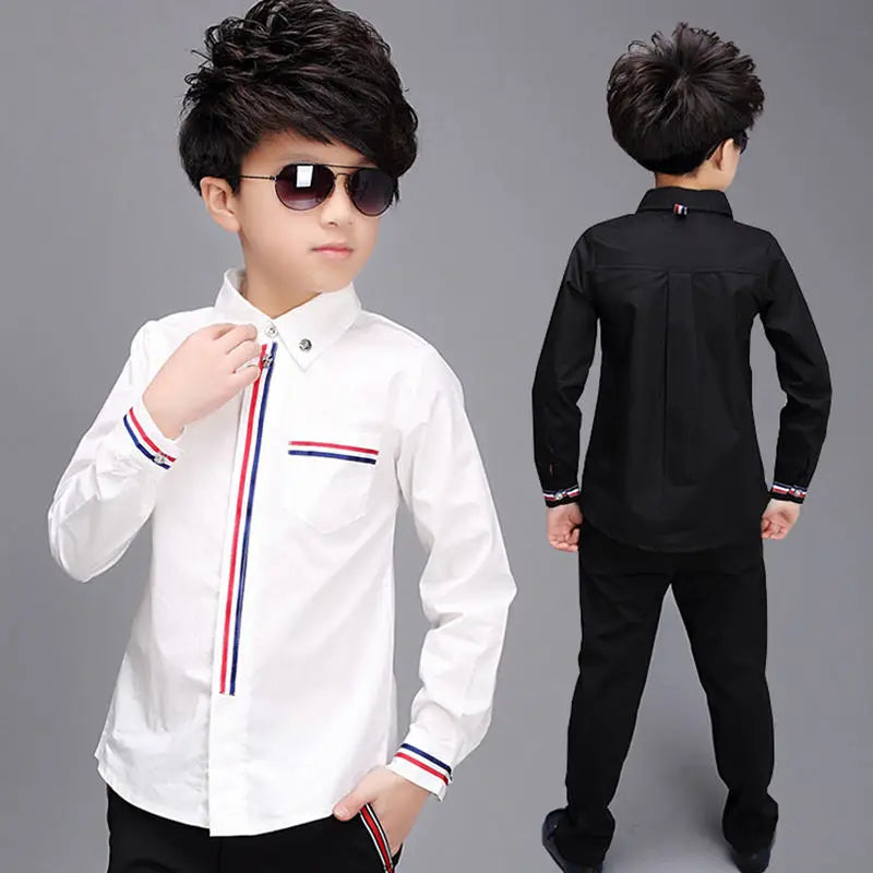 Teenage Boys Shirts Spring Cotton Long Sleeve Solid Shirt Kids White