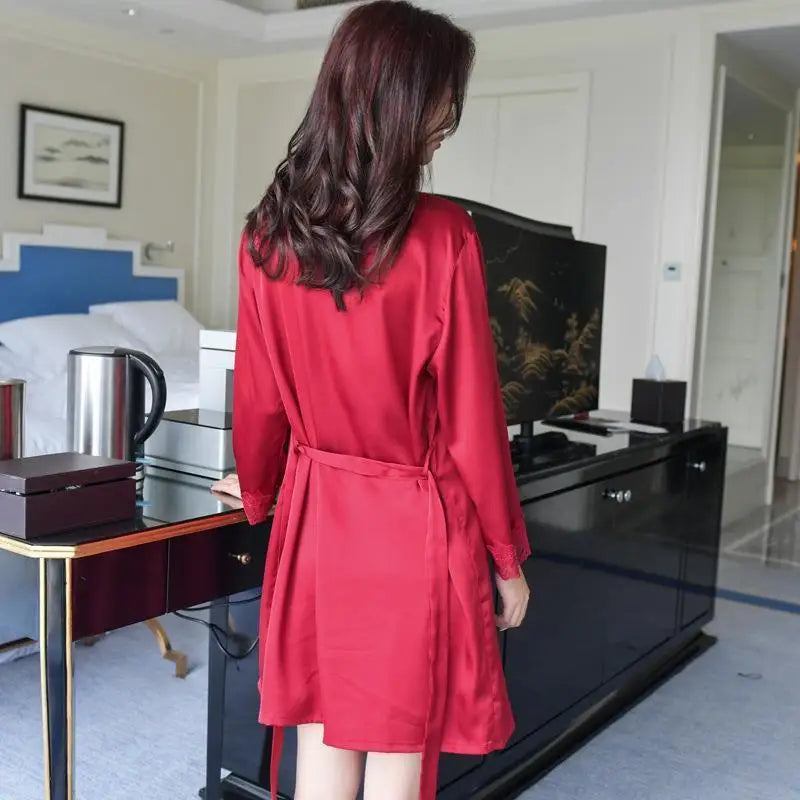 1620 Women's Satin Silk Woman Lace Robe Female Lace Bathrobe Womens Robes