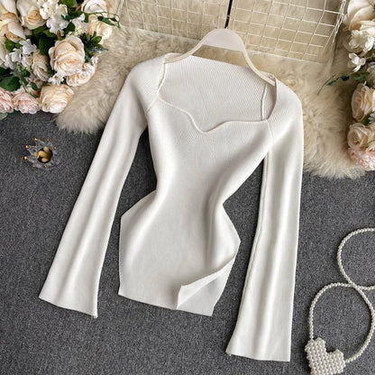 Croysier Knitted Sweater Pullover Square Neck Women Fashion  Long Sleeve Top