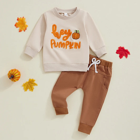 Toddler Baby Boys Halloween Outfits Letter Pumpkin Embroidered Sweatshirts