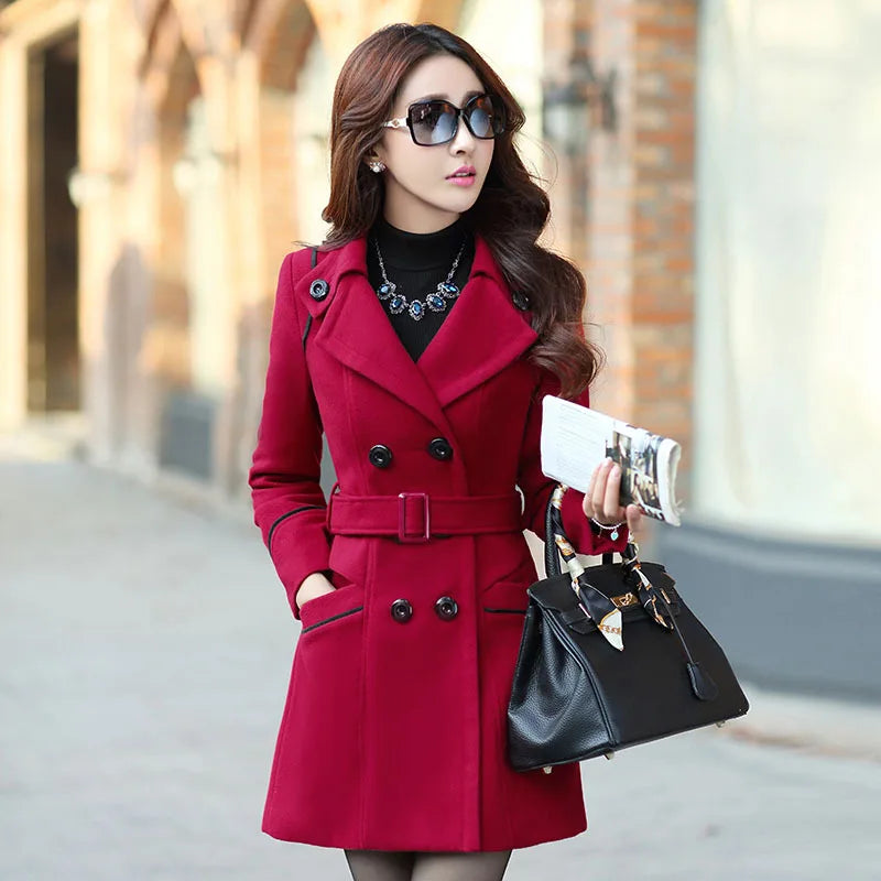 Autumn Winter Women Woolen Long Fashion Slim-Fit Double-Breasted Jacket