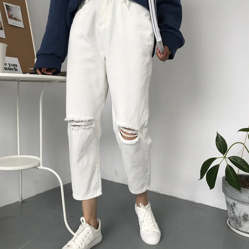 Jeans Women Ripped Hole High Waist Zipper Fly Button Straight Ankle-Length