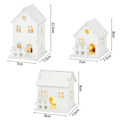 1pc Christmas Ornaments LED Lights Wooden House Luminous Cabin With Snow