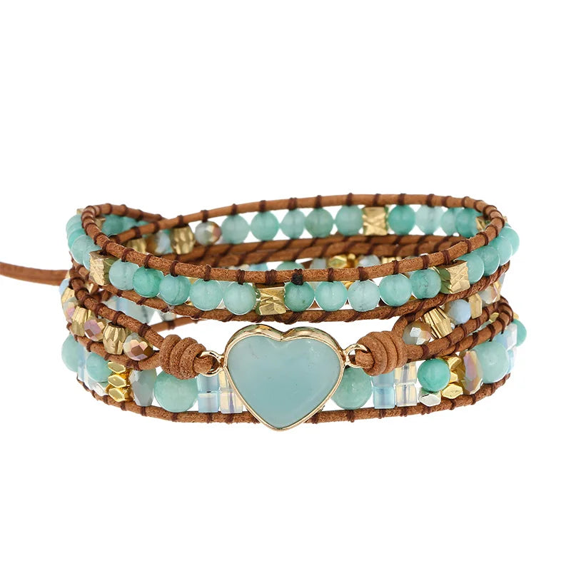 Heart Amazonite Bracelet Natural Stone Leather Wrap Bracelets Gemstones