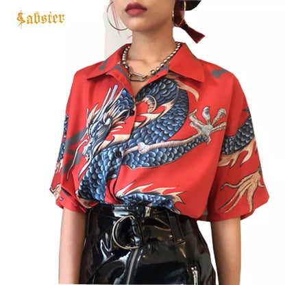 Summer Women Tops Harajuku Blouse Women Dragon Print Short Sleeve Shirt