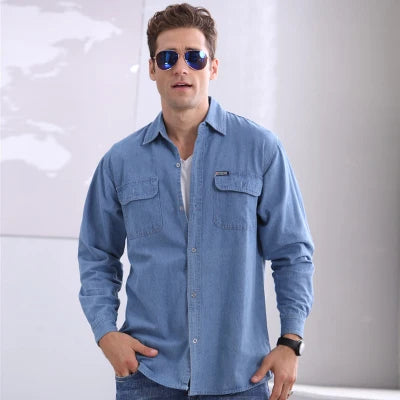 2019 New Spring and Autumn Men's Soil Slim Long-Sleeved Large Size Denim Shirt