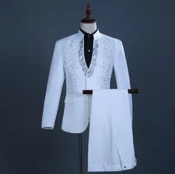 White Embroidered Diamond Suit Men Wedding Groom Tuxedo