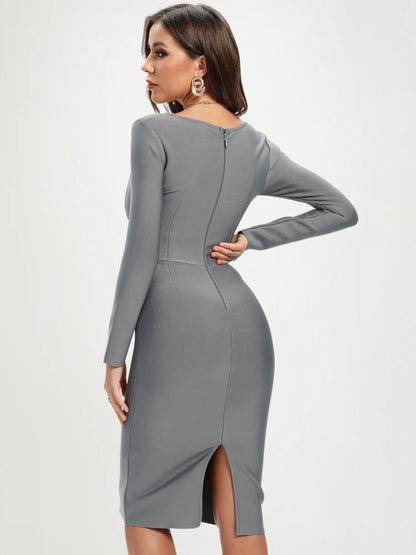 BEAUKEY Sexy Women Grey Long Sleeve  Bandage Dress Knee