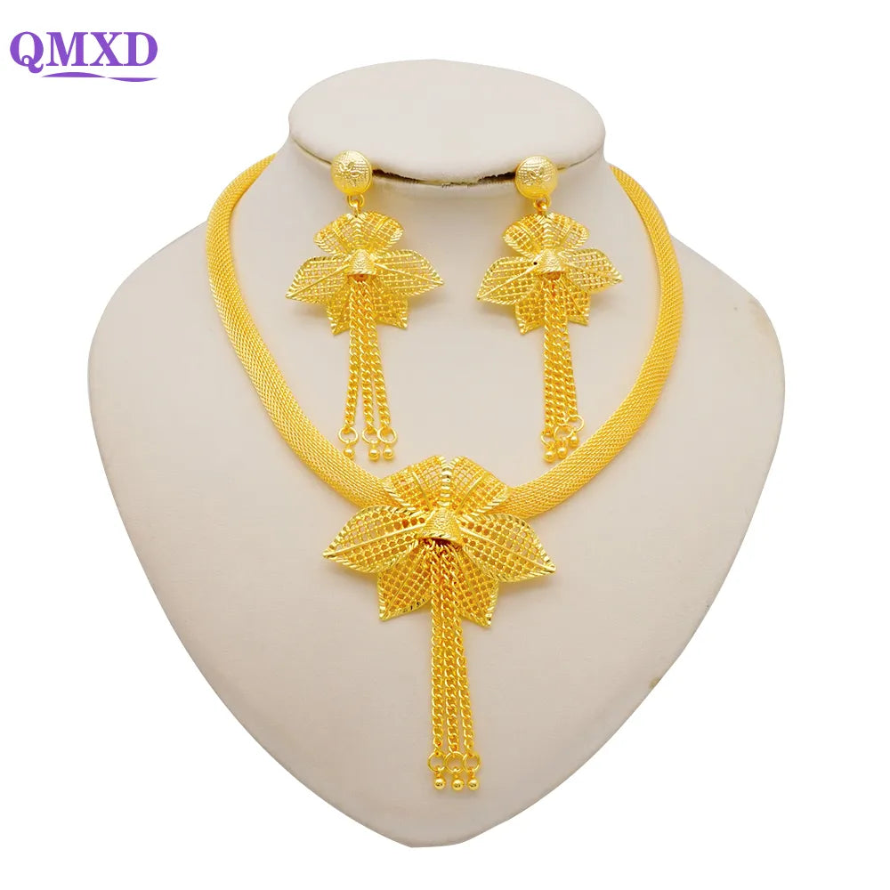 Ethiopian Dubai Gold Color Jewelery Sets for Women Girl Bridal Tassel Flower