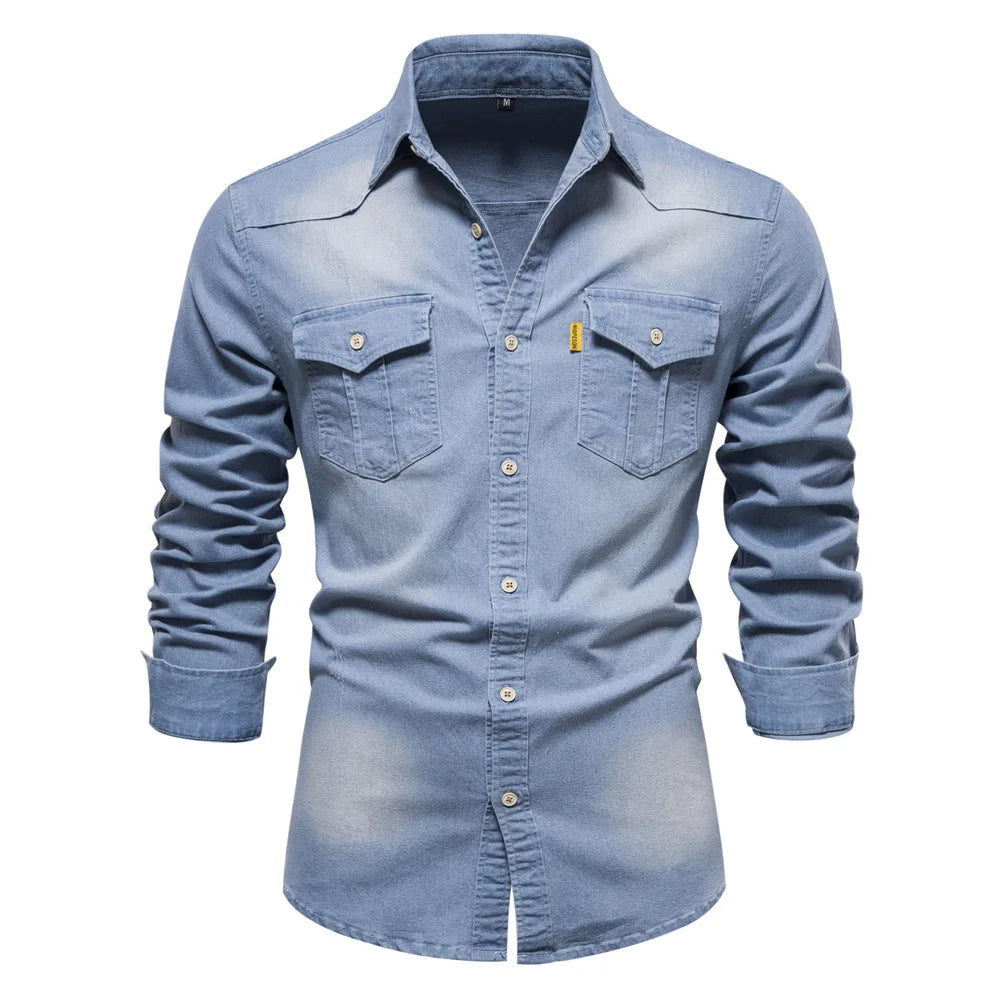 Fashion Autumn Cotton Denim Shirts Men Casual Long Sleeve Quality Cowboy Shirt