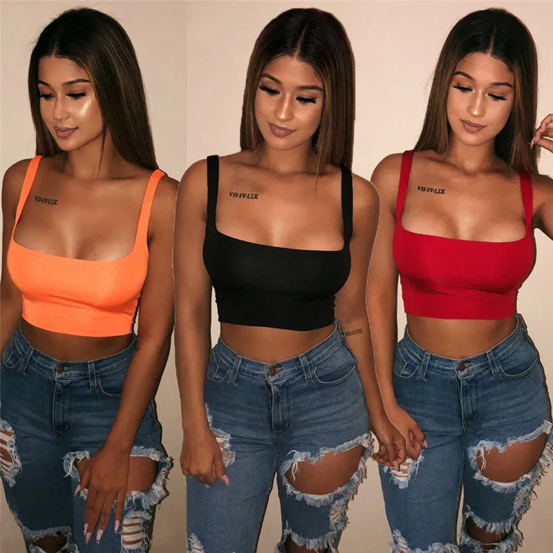 2022 Sexy Women Solid Strappy Tanks Vest Crop Top Summer Sleeveless Slash Neck