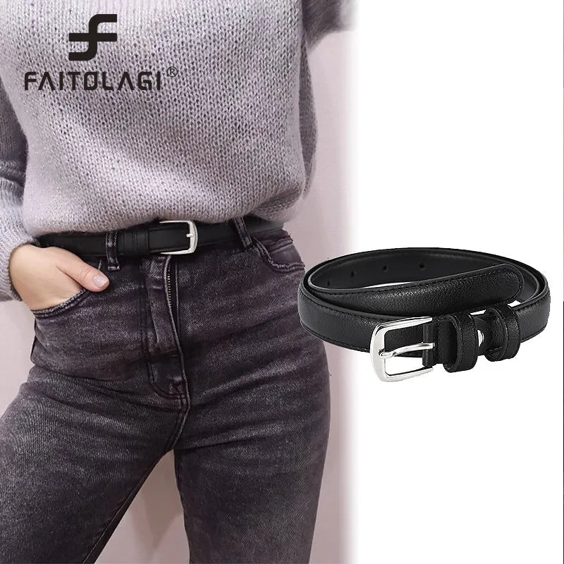 Black Wild Women Jeans Thin Belt Simple Silver Pin Buckle Pants Belts Female