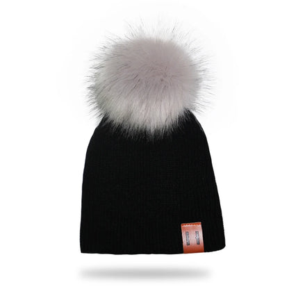 Winter Kids Boy Girl Leather Labled Knitted Artificial Raccoon Pompom Hat