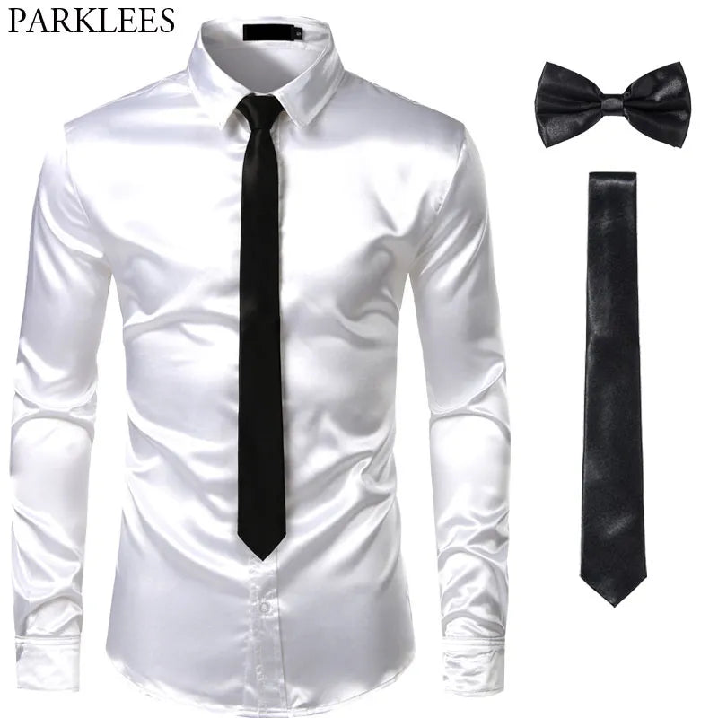 Black Mens Silk Dress Shirts 3Pcs(Shirt +Tie+Bowtie) Smooth Satin Shirt