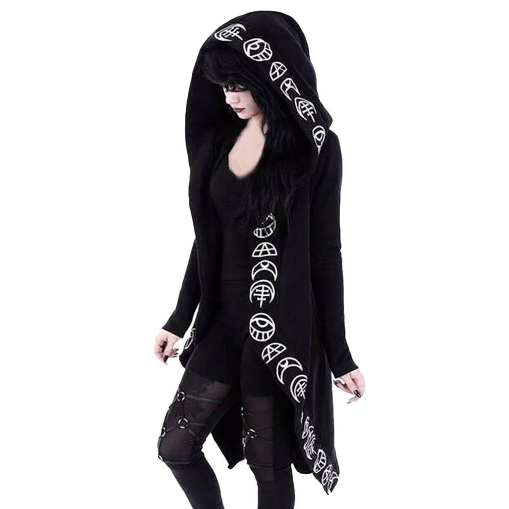 Gothic Punk Black Long Women Hoodies Sweatshirts Moon Print Long Sleeve Hoodie